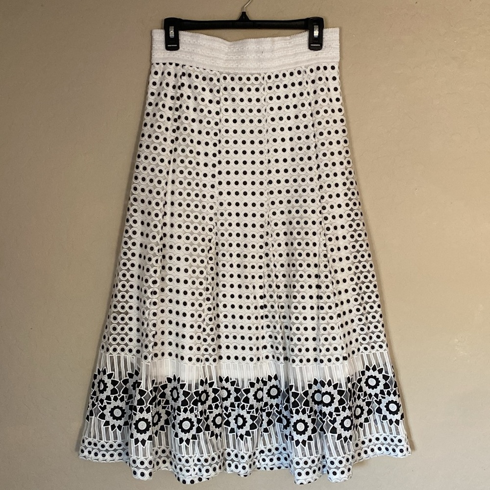 LAPIS White Eyelet Midi Skirt with Black Floral Border